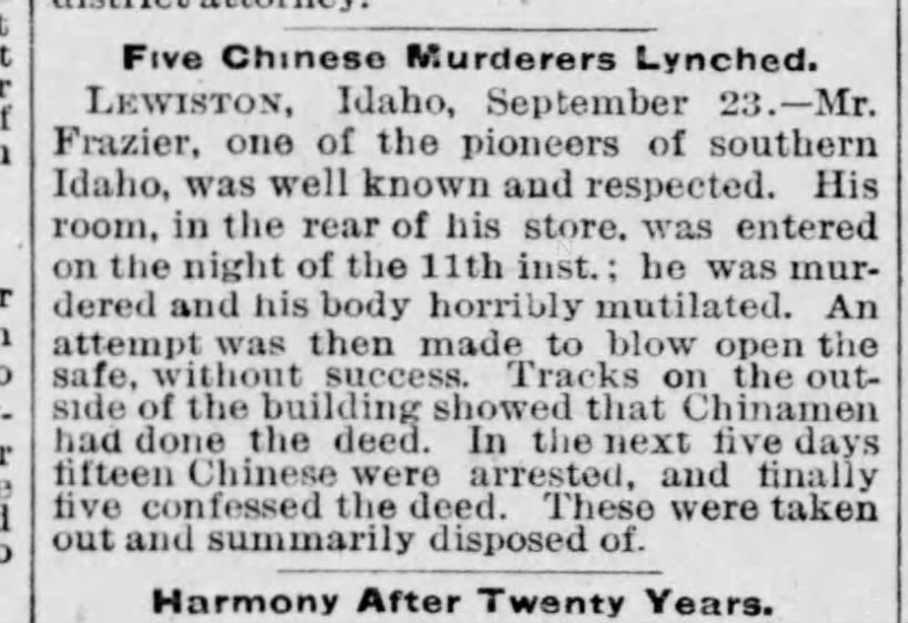 Newspaper article thumbnail: Five Chinese Murderers Lynched from The Boston Globe, 1885-09-23