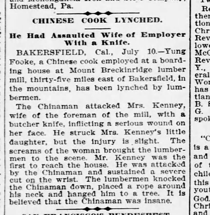 Newspaper article thumbnail: Chinese Cook Lynched from Evening Star, 1901-07-10