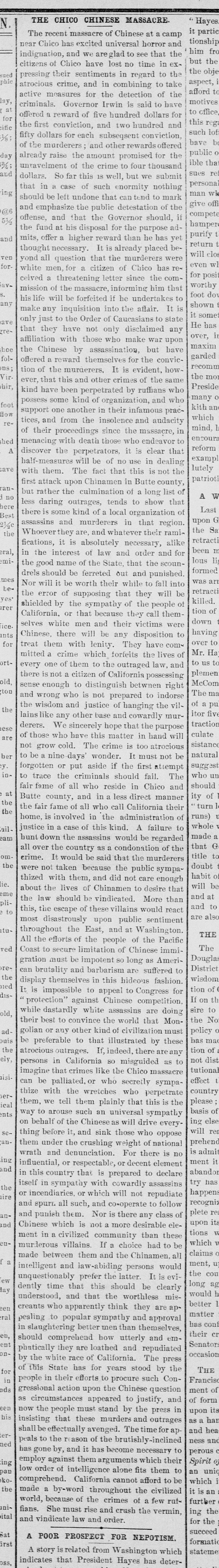 Newspaper article thumbnail: The Chico Chinese Massacre from Sacramento Daily Union, 1877-03-19