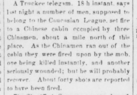 Newspaper article thumbnail: Caucasian League Murders Chinaman from Sentinel, 1876-06-24