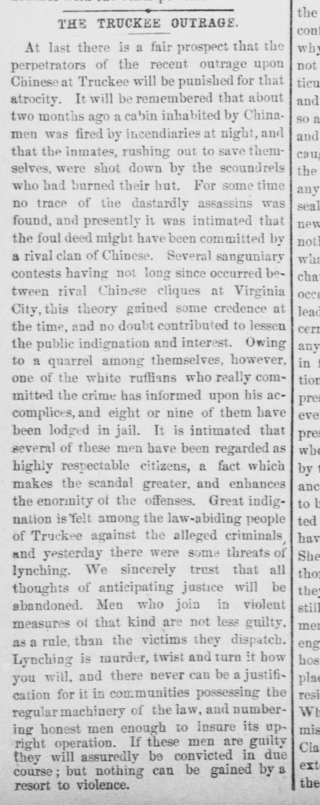 Newspaper article thumbnail: The Truckee Outrage from Sacramento Daily Union, 1876-08-15