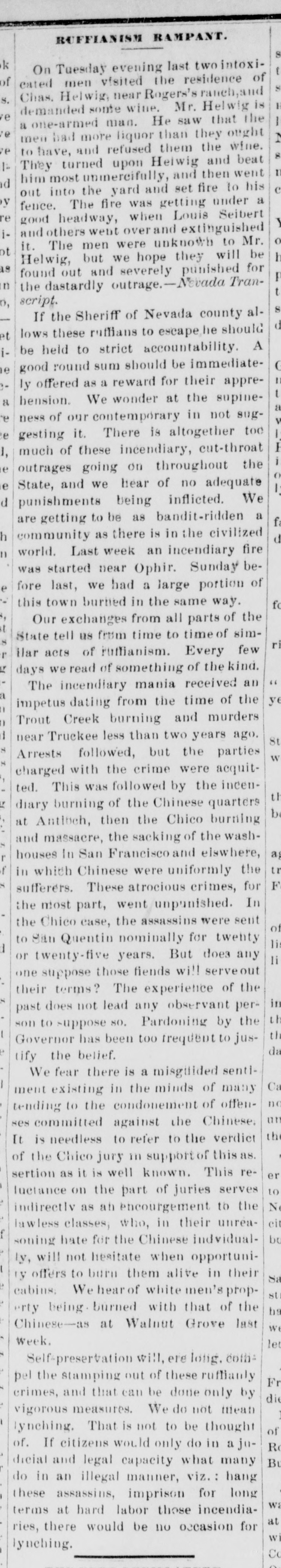 Newspaper article thumbnail: Ruffianism Rampant from Placer Argus, 1877-09-15