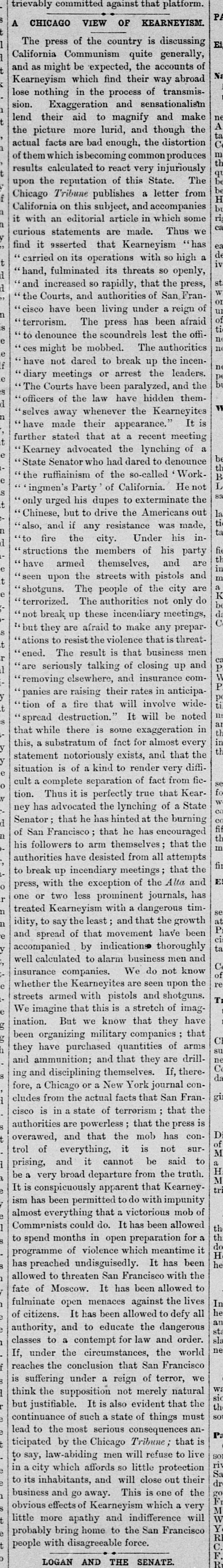 Newspaper article thumbnail: A Chicago View of Kearneyism from Sacramento Daily Union, 1878-04-18
