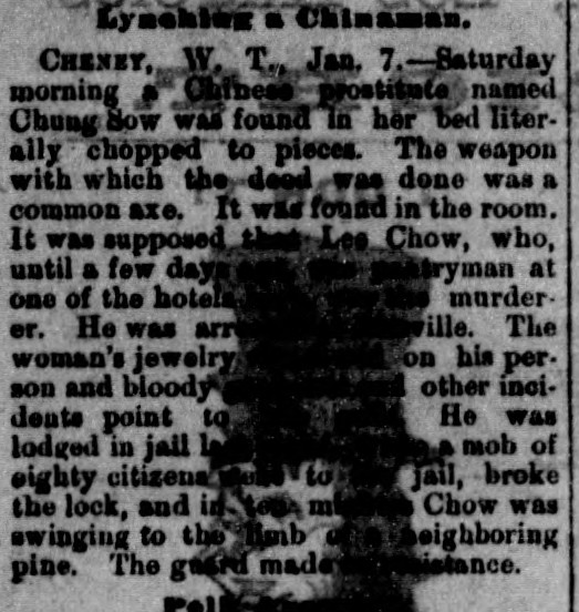 Newspaper article thumbnail: Lynching a Chinaman from Los Angeles Herald, 1883-01-09