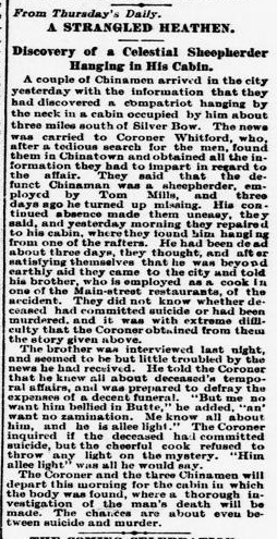 Newspaper article thumbnail: A Strangled Heathen from Butte Semi-Weekly Miner, 1886-07-03