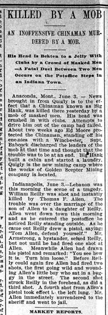 Newspaper article thumbnail: Killed by a Mob from The Princeton Union, 1896-06-04