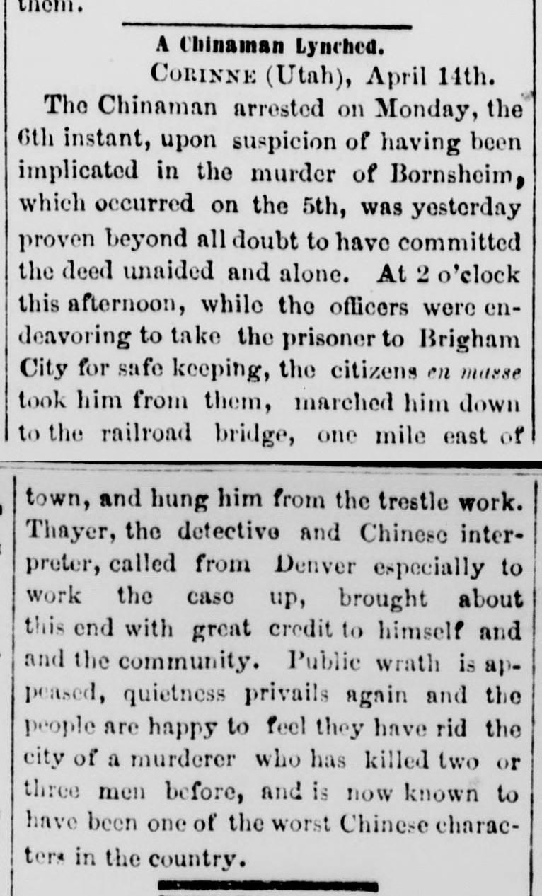 Newspaper article thumbnail: A Chinaman Lynched from Marysville Daily Appeal, 1874-04-15