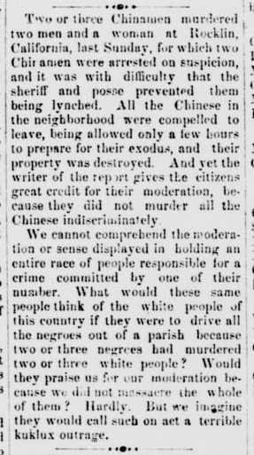 Newspaper article thumbnail: Two Chinamen Arrested on Suspicion of Murder from Richland Beacon, 1877-09-22