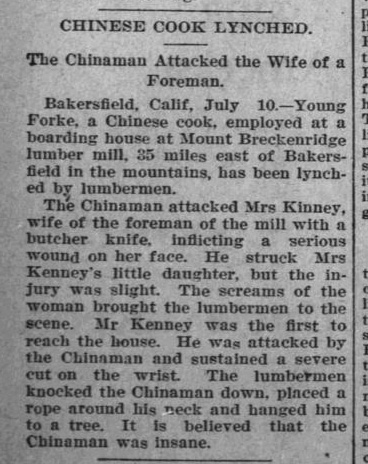 Newspaper article thumbnail: Chinese Cook Lynched from Waterbury Democrat, 1901-07-10