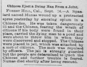 Newspaper article thumbnail: Chinese Eject a Dying Man from a Joing from The Salt Lake Herald, 1891-09-15