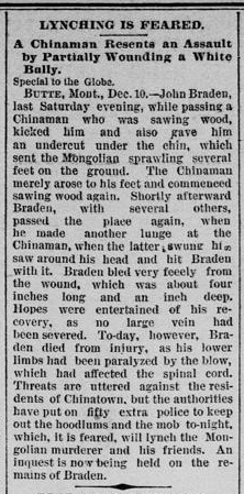 Newspaper article thumbnail: Lynching is Feared from St. Paul Daily globe, 1888-12-11
