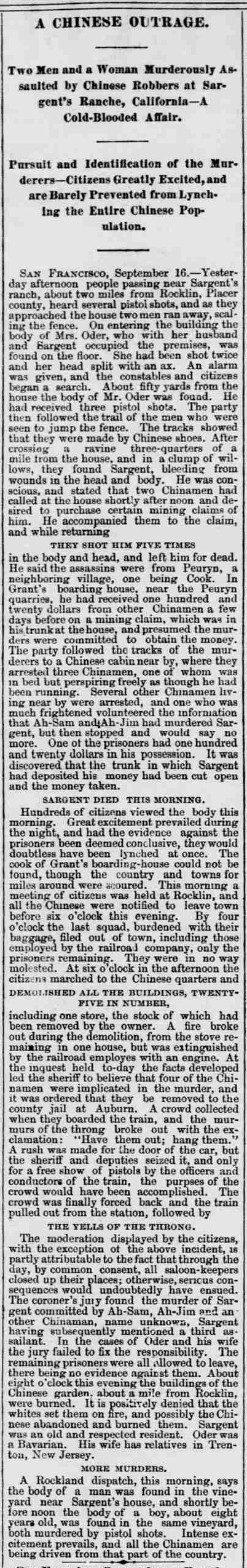 Newspaper article thumbnail: A Chinese Outrage from Memphis Daily Appeal, 1877-09-18
