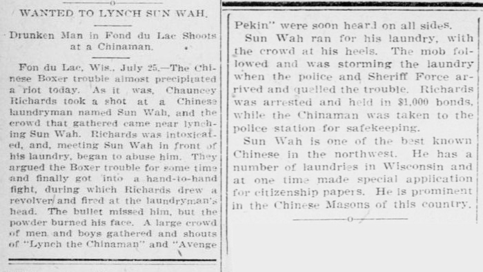 Newspaper article thumbnail: Wanted to Lynch Sun Wah from Arizona Republican, 1900-07-26