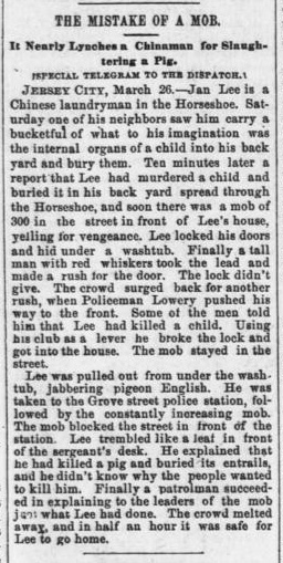 Newspaper article thumbnail: The Mistake of a Mob from Pittsburg Dispatch, 1889-03-27