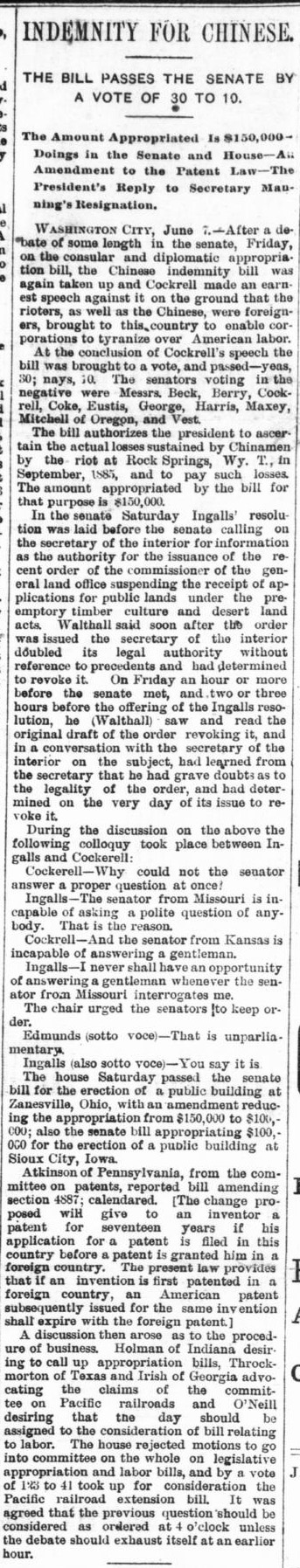 Newspaper article thumbnail: Indemnity for Chinese from Morris Tribune, 1886-06-09
