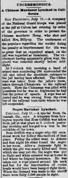 Newspaper article thumbnail: Unceremonious [followed by] Negro ravisher Lynched from Wichita Eagle, 1887-07-12