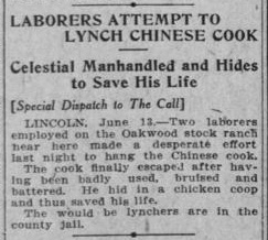 Newspaper article thumbnail: Laborers Attempt to Lynch Chinese Cook from The San Francisco Call, 1910-06-14