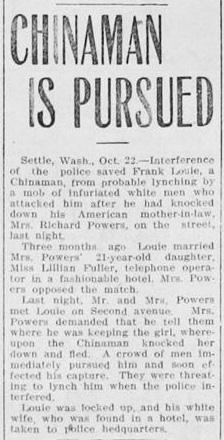 Newspaper article thumbnail: Chinaman Is Pursued from The Morning Standard, 1910-10-23