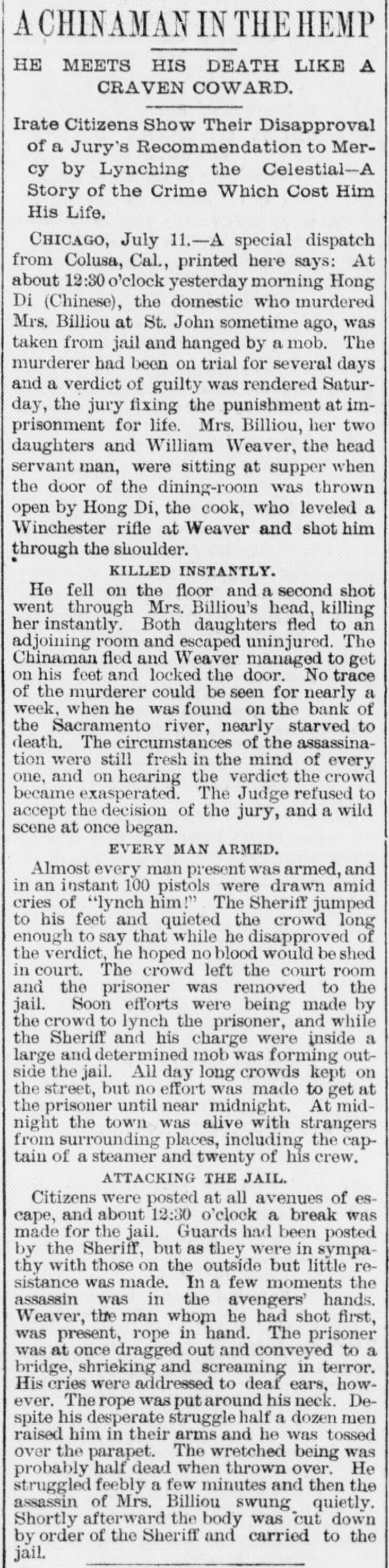 Newspaper article thumbnail: A Chinaman in the Hemp from The Morning News, 1887-07-12