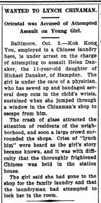 Newspaper article thumbnail: Wanted to Lynch Chinaman from The Bamberg Herald, 1911-10-12