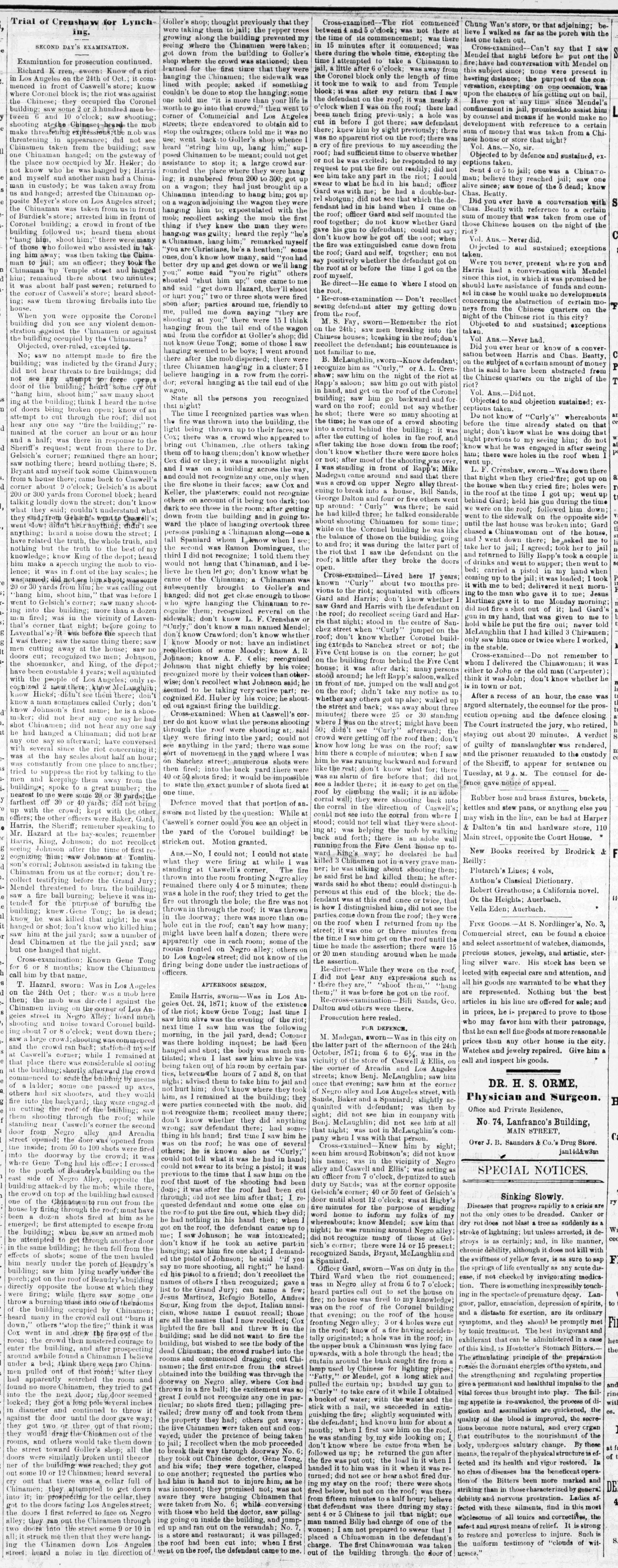 Newspaper article thumbnail: Trial of Crenshaw for Lynching from Los Angeles Daily News, 1872-02-18