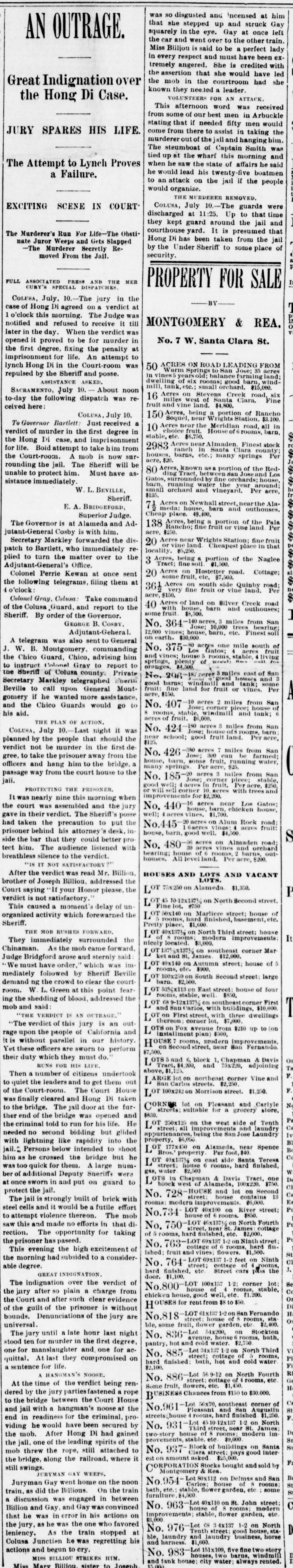 Newspaper article thumbnail: An Outrage from San Jose Weekly Mercury, 1887-07-11