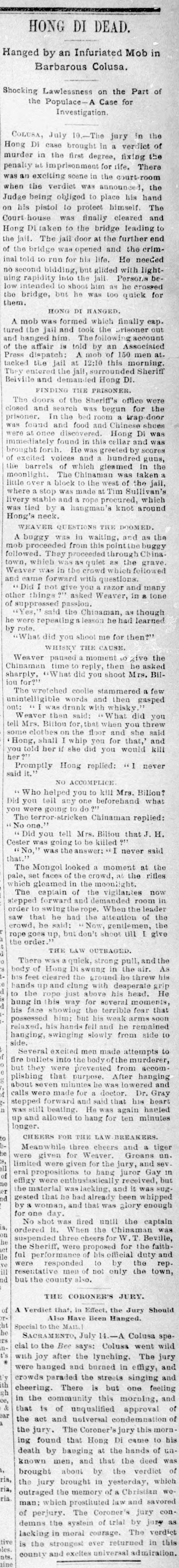Newspaper article thumbnail: Hong Di Dead from Stockton Mail, 1887-07-11
