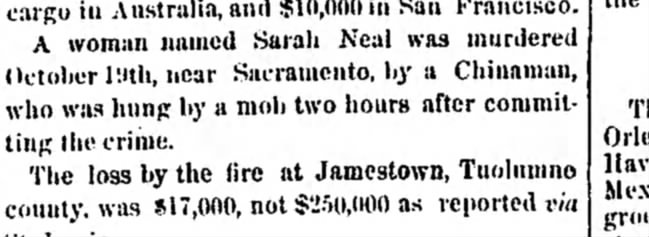 Newspaper article thumbnail: Chinaman Hung by a Mob from Detroit Free Press, 1858-11-13