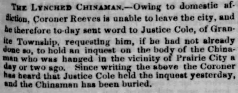 Newspaper article thumbnail: The Lynched Chinaman from The Sacramento Bee, 1861-11-14
