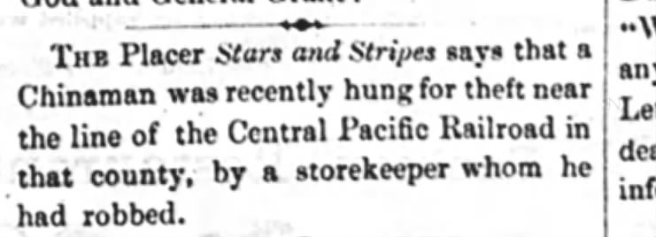 Newspaper article thumbnail: A Chinaman was Recently Hung for Theft from Gold Hill Daily News, 1865-10-17