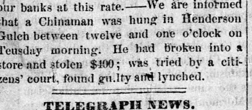 Newspaper article thumbnail: A Chinaman was Hung in Henderson Gulch from The Bozeman Courier, 1871-11-09