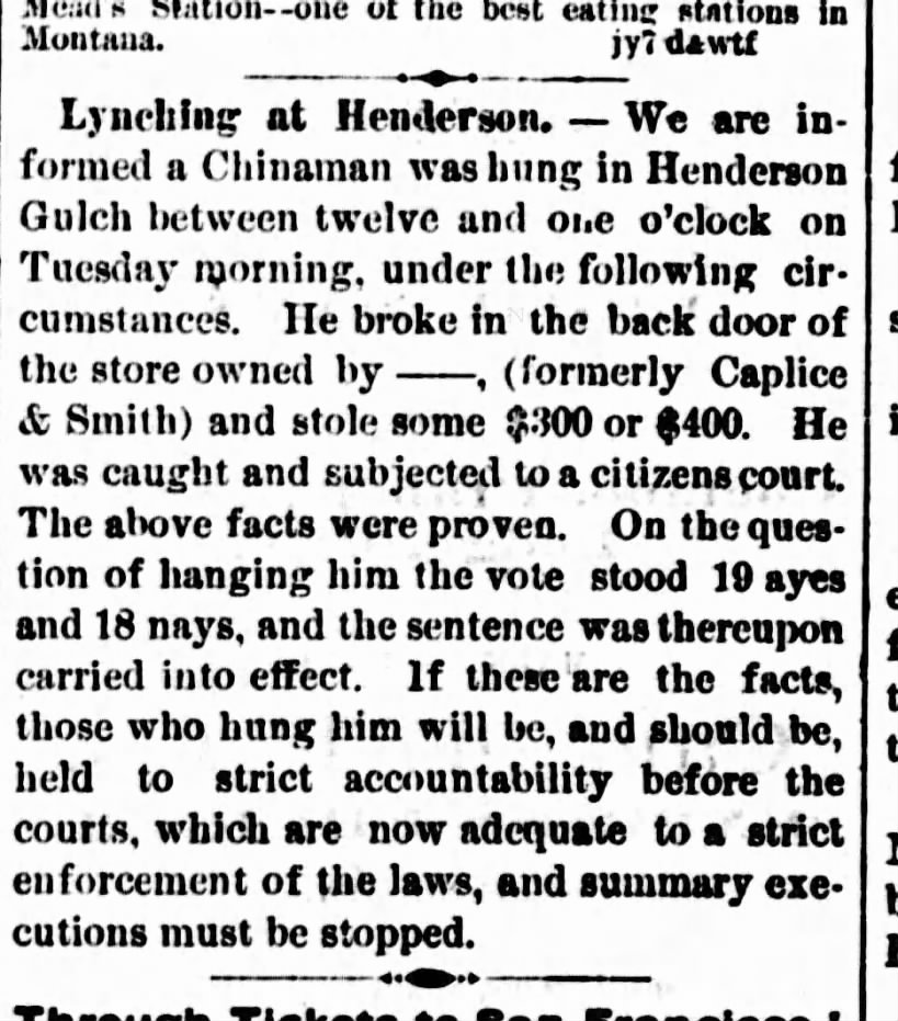 Newspaper article thumbnail: Lynching at Henderson from The Anaconda Recorder and New Northwest, 1871-11-04