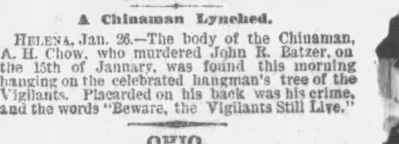 Newspaper article thumbnail: A Chinaman Lynched from The Philiadelphia Inquirer, 1870-01-27