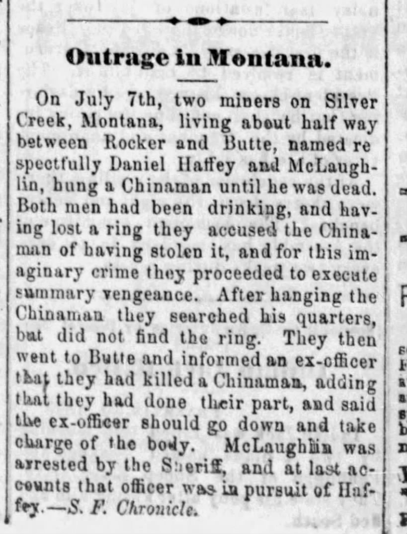 Newspaper article thumbnail: Outrage in Montana from The Ogden Junction, 1873-08-02