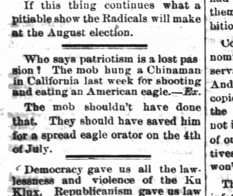 Newspaper article thumbnail: Who Says Patriotism is a Lost Passion! from The Greensboro Patriot, 1874-05-13