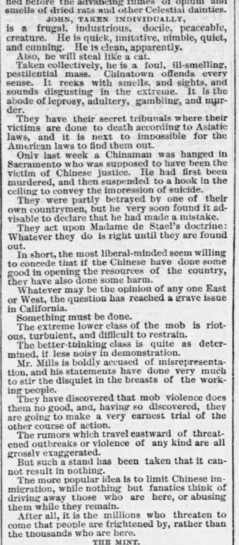 Newspaper article thumbnail: John, Taken Individually from Chicago Tribune, 1878-01-06