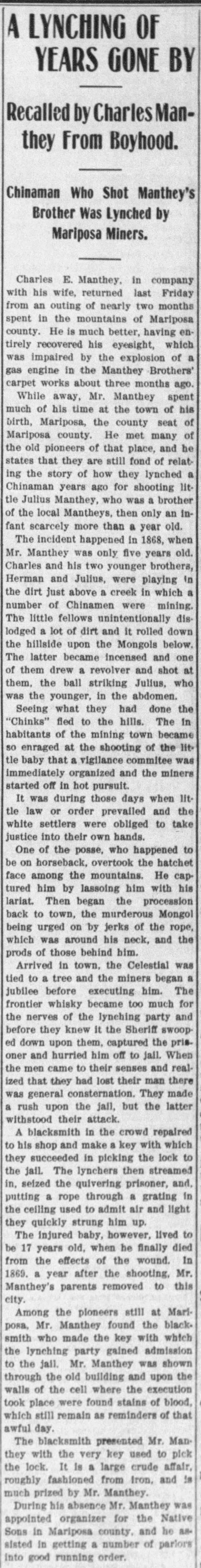 Newspaper article thumbnail: A Lynching of Years Gone By from Stockton Evening and Sunday Record, 1903-02-10