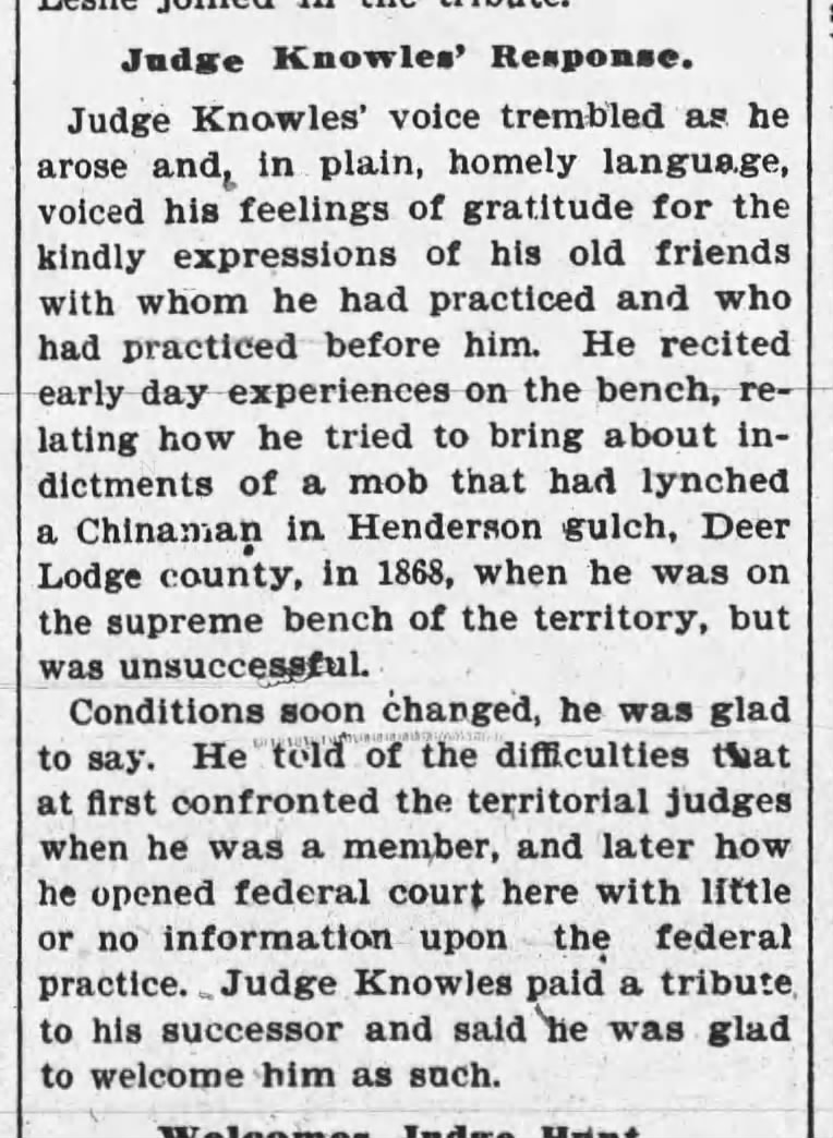 Newspaper article thumbnail: Judge Knowles' Response from The Anaconda Standard, 1904-11-02
