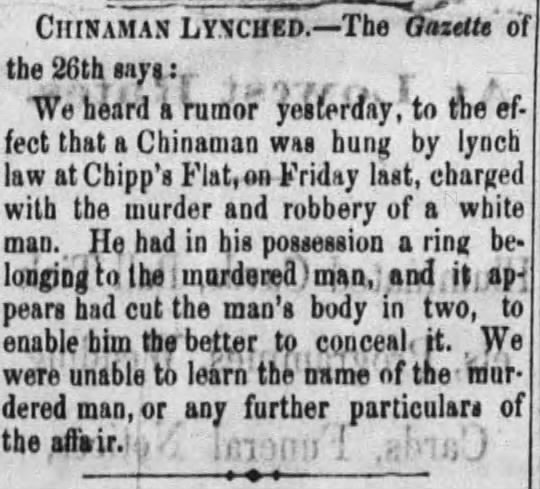 Newspaper article thumbnail: Chinaman Lynched from Daily Evening Herald, 1866-11-28