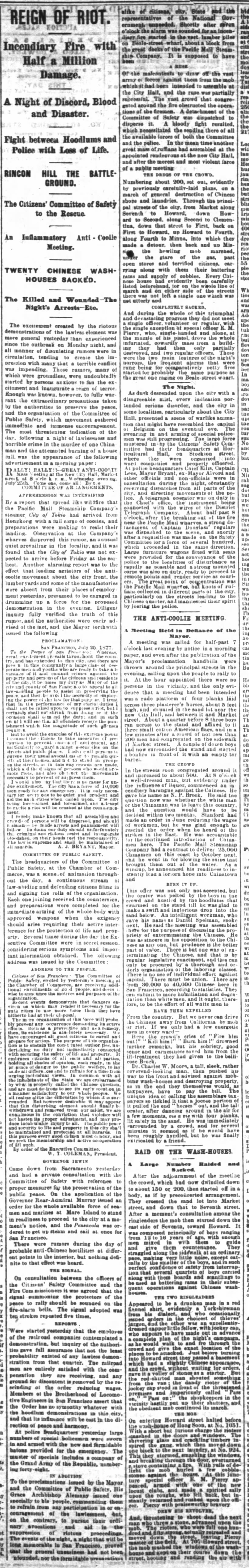 Newspaper article thumbnail: Reign of Riot from San Francisco Chronicle, 1877-07-26