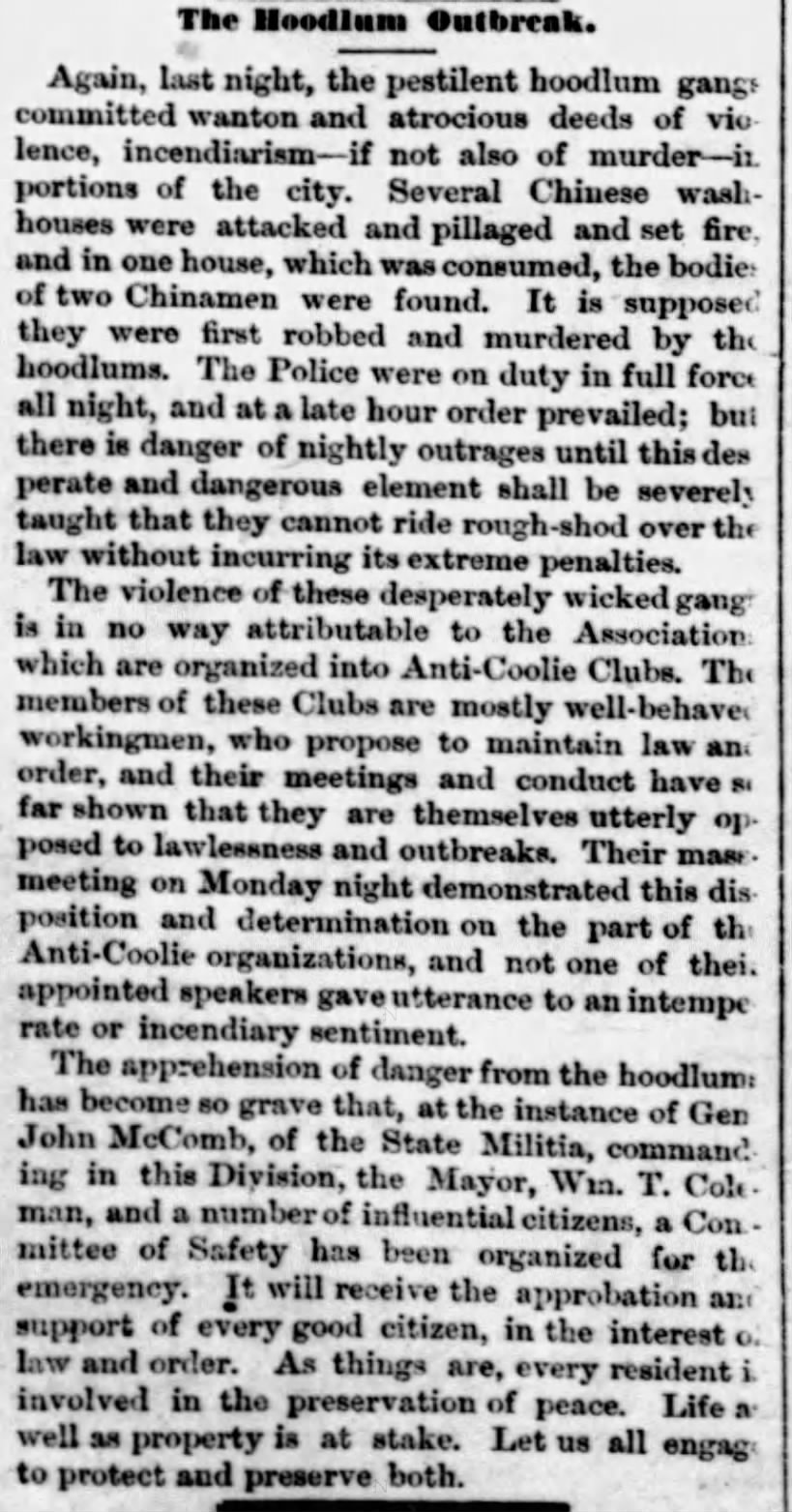 Newspaper article thumbnail: The Hoodlum Outbreak from The San Francisco Examiner, 1877-07-25