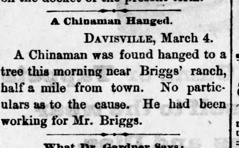 Newspaper article thumbnail: A Chinaman Hanged from Reno Gazette-Journal, 1881-03-05