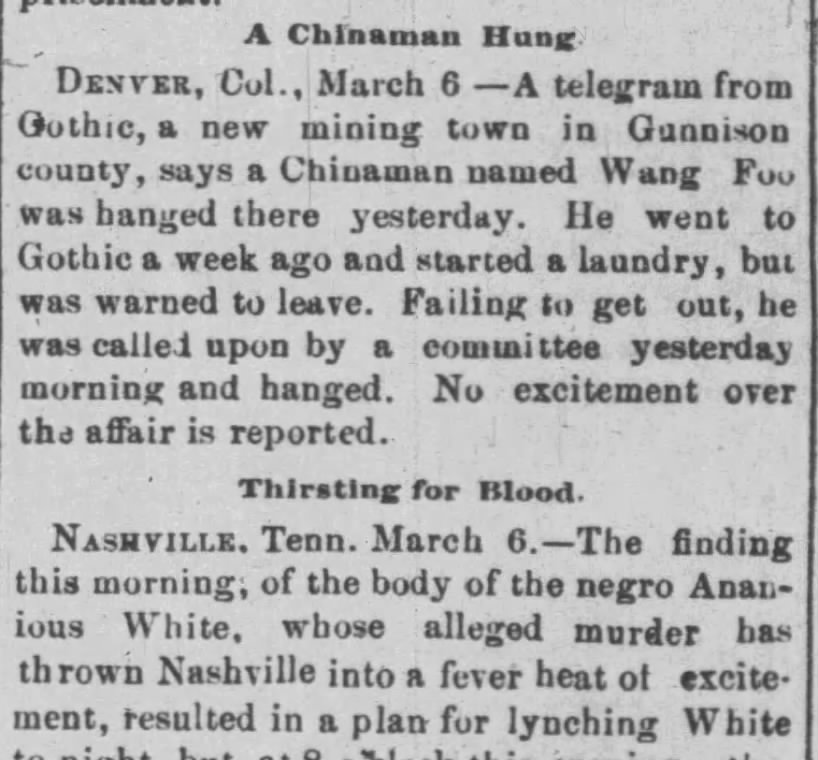 Newspaper article thumbnail: A Chinaman Hung from The Evening Herald, 1881-03-07