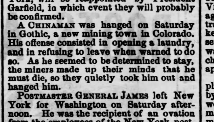 Newspaper article thumbnail: A Chinaman was Hanged from Harrisburg Telegraph, 1881-03-07
