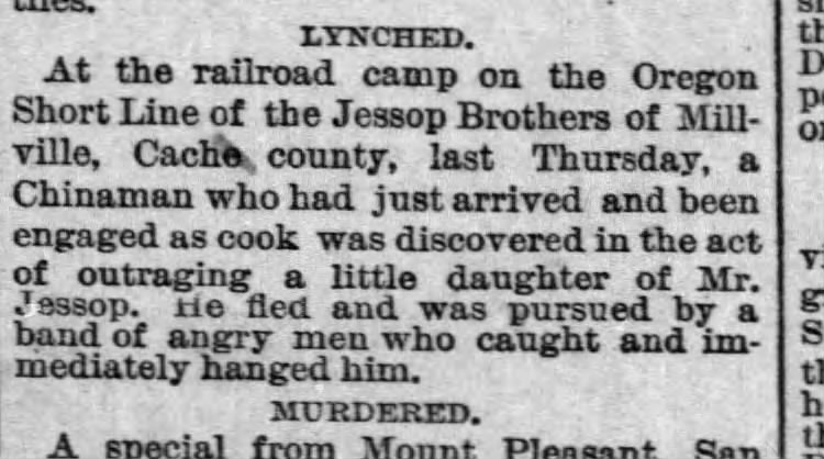 Newspaper article thumbnail: Lynched from The San Francisco Examiner, 1883-09-27