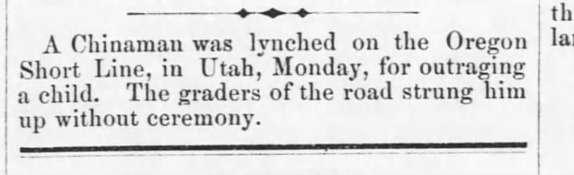 Newspaper article thumbnail: A Chinaman was Lynched from The Democratic Advocate, 1883-09-29