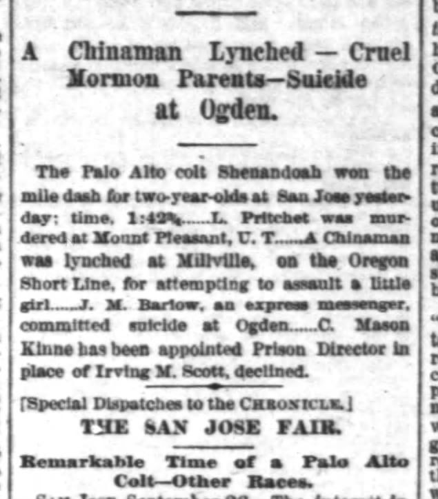 Newspaper article thumbnail: A Chinaman Lynched from San Francisco Chronicle, 1883-09-27
