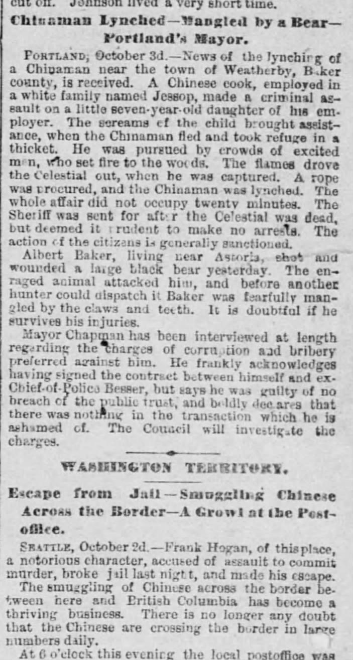 Newspaper article thumbnail: Chinaman Lynched from The Sacramento Union, 1883-10-04