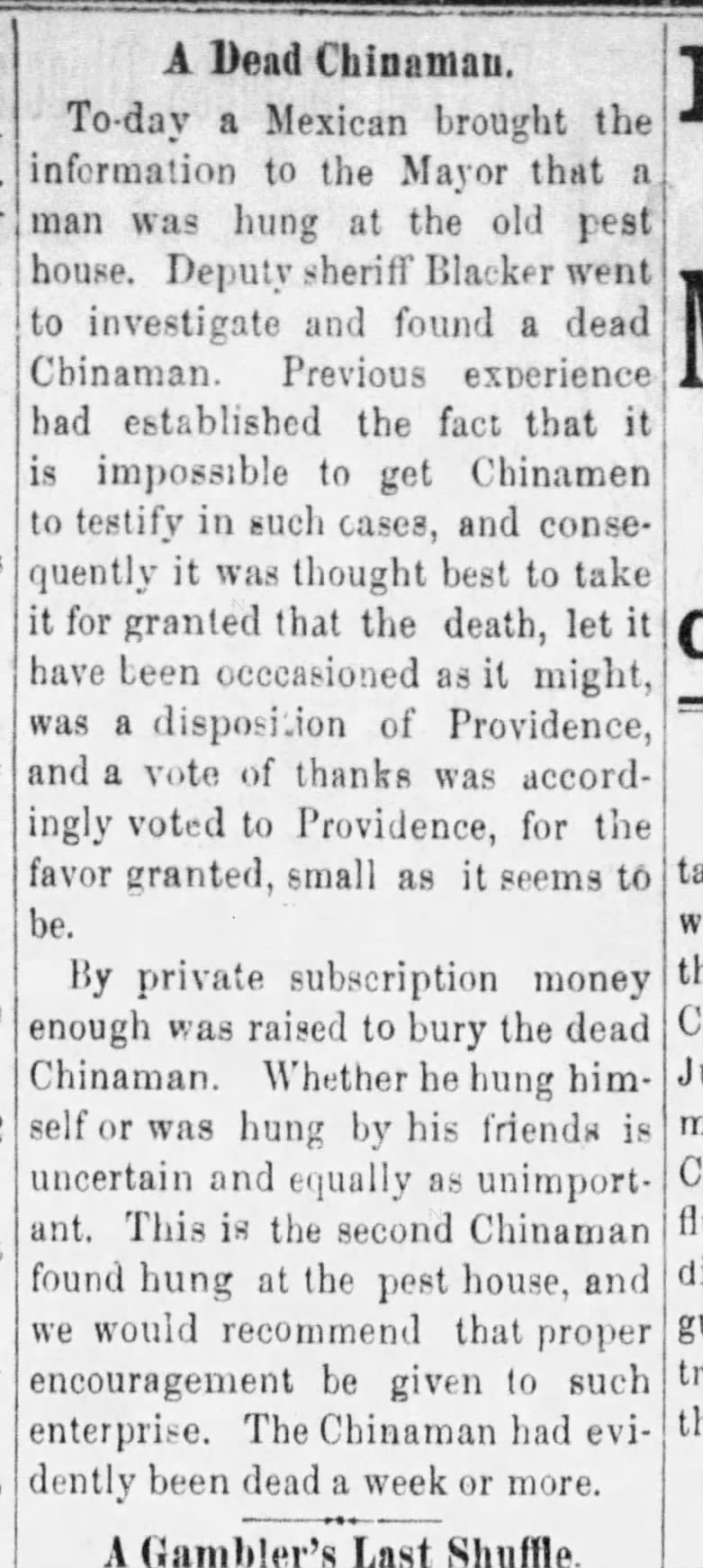 Newspaper article thumbnail: A Dead Chinaman from El Paso times, 1884-08-20