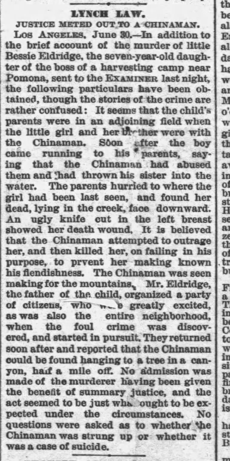 Newspaper article thumbnail: Lynch Law from The San Francisco Examiner, 1884-07-01